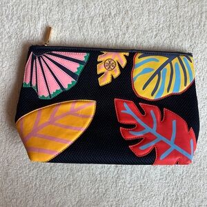 Tory Burch Black Cosmetic Pouch with Multicolor Leaf Appliqués